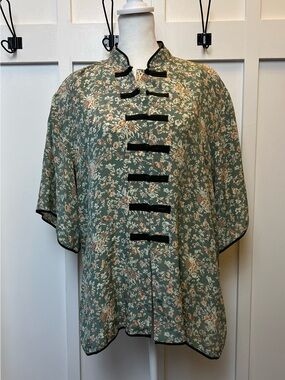 Whitby VTG 100% Washed Silk Size XL Blouse Floral Chinese Mandarin Short Sleeve